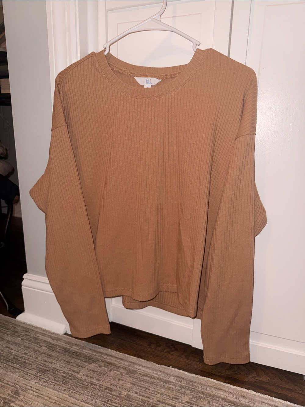 Time and Tru Ribbed Long-Sleeve Crewneck Top in Camel Brown